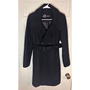 Women's Guess Dress Coat, Long Wool Button Down Belted Size M, Black